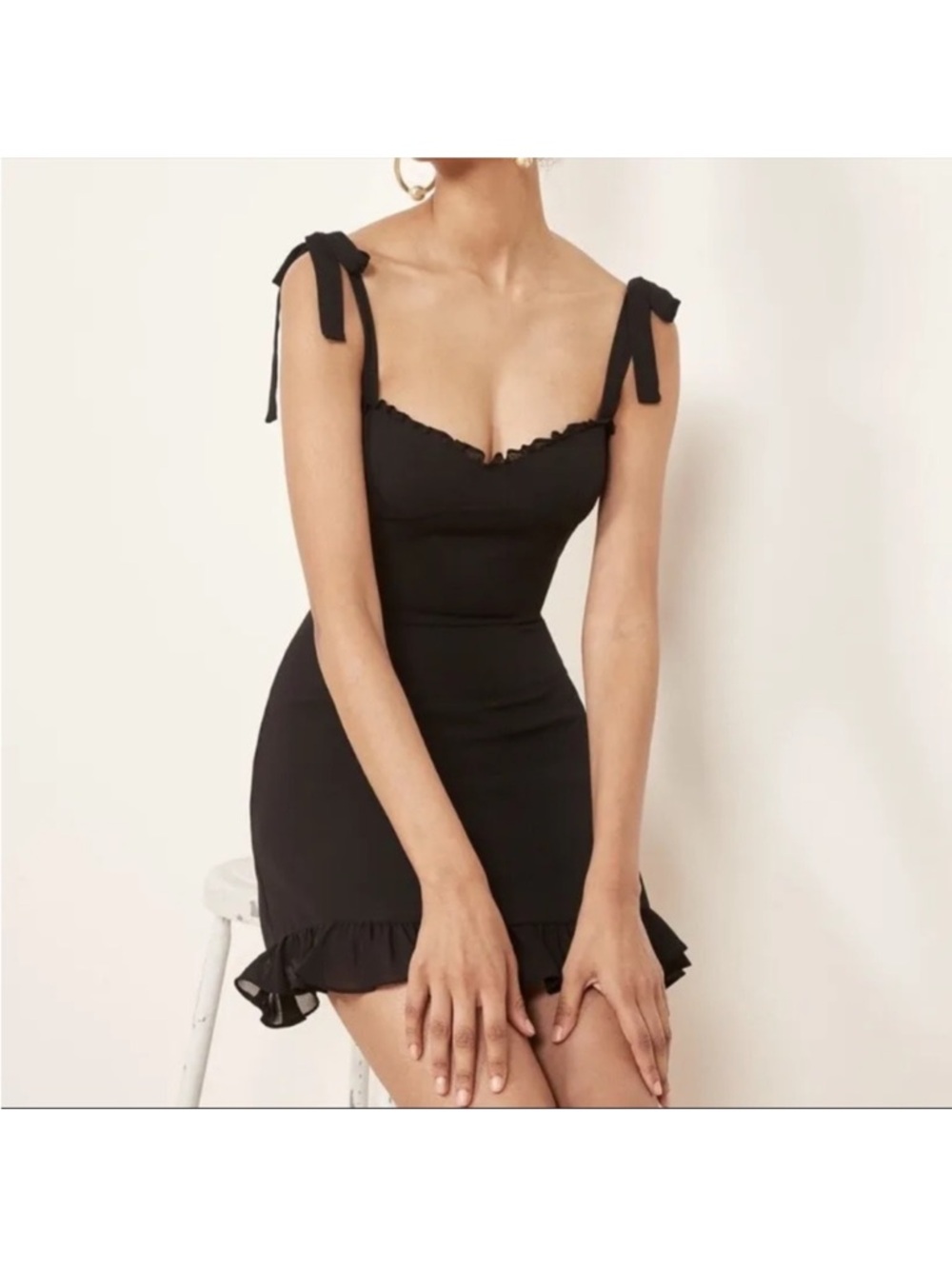 EUC Reformation Christine Mini - Black Tie-Shoulder Mini Dress with Ruffle Hem